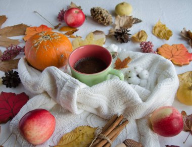 Autumn composition on a white background. Pumpkins, tree leaves, apples, cinnamon, coffee, knitted sweater, gingerbread cookies