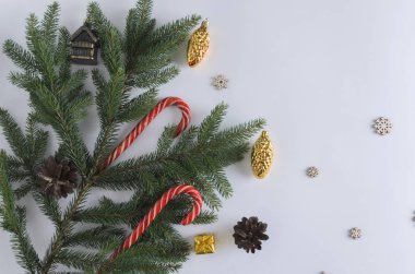 Noel ağacı dalları beyaz arka planda, Noel oyuncakları bir dala asılı - altın koniler ve bir ev, yanında kırmızı Noel şeker kamışları, koniler ve ahşap kar taneleri