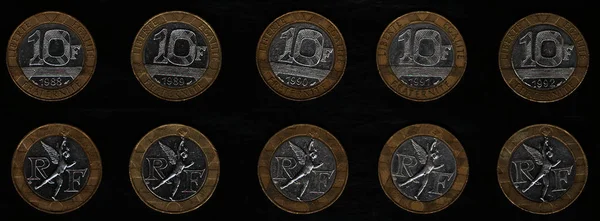 Conjunto de moedas de França de 10 francos 1988, 1989, 1990, 1991, 1992 anos — Fotografia de Stock