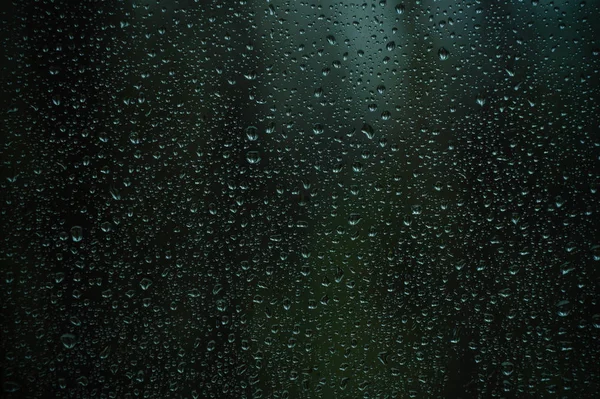 Abstract rain drops on window glass with blur green tree background — Stock Photo, Image