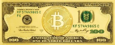 Fiziksel metal altın Bitcoin para birimi 100 dolar ile birleştirildi