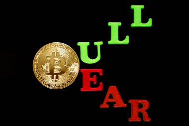 Bitcoin yükselen ve stilized Bull ve Bear kelime grafikleri ile finansal iş piyasası kavramı düşen.