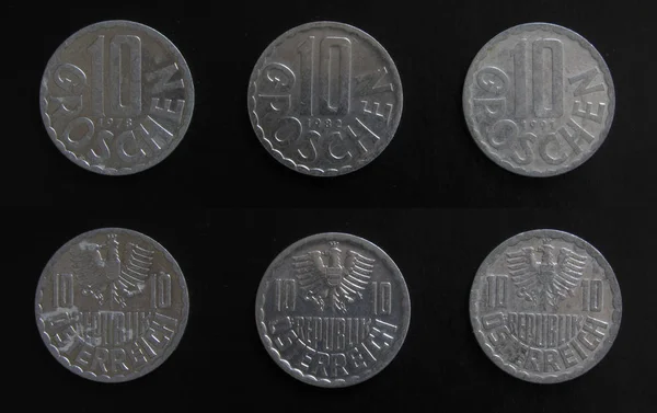 Conjunto de 3 (três) anos diferentes vintage austríaco 10 Groschen moedas de alumínio lote 1978, 1982, 1991 ano . — Fotografia de Stock