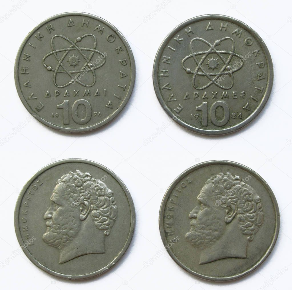 Set of 2 different years Greek 10 Drahmas copper-nickel coins lot 1976, 1984 year, Greece. The coins feature a Democritus portrait, famous philosopher, former of an atomic theory of the universe.