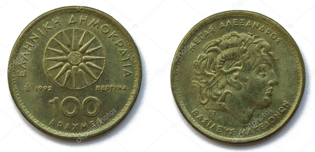 Greek 100 Drahmas aluminum bronze coin 1992 year, Greece. The coins feature a portrait of Alexander III of Macedon also known as Alexander the Great.