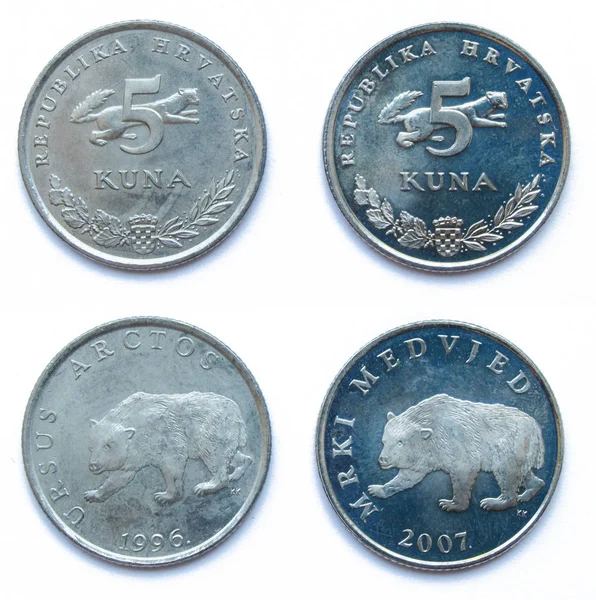 Set di 2 (due) anni diversi repubblica croata 5 Kuna rame-nichel lotto 1996, 2007 anno, Croazia. Le monete presentano un orso bruno selvatico . — Foto Stock