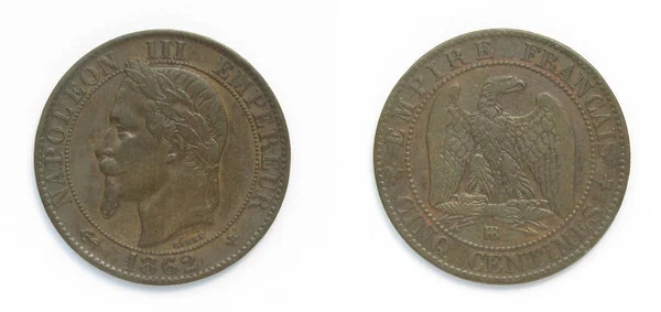 French republic 5 Centimes bronze coin 1862 BB year. The coin features a portrait of emperor Charles-Louis Napoleon Bonaparte also known as Napoleon III, first elected president of France 1848-1852. — Stock Photo, Image