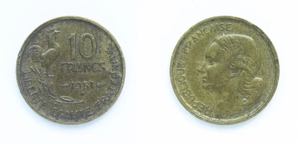 Republika Francuska 10 franków aluminium Bronze Coin 1951 rok, Francja. — Zdjęcie stockowe