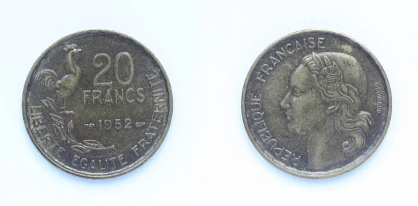 French republic 20 Francs aluminum bronze coin 1952 year, France. — Stockfoto