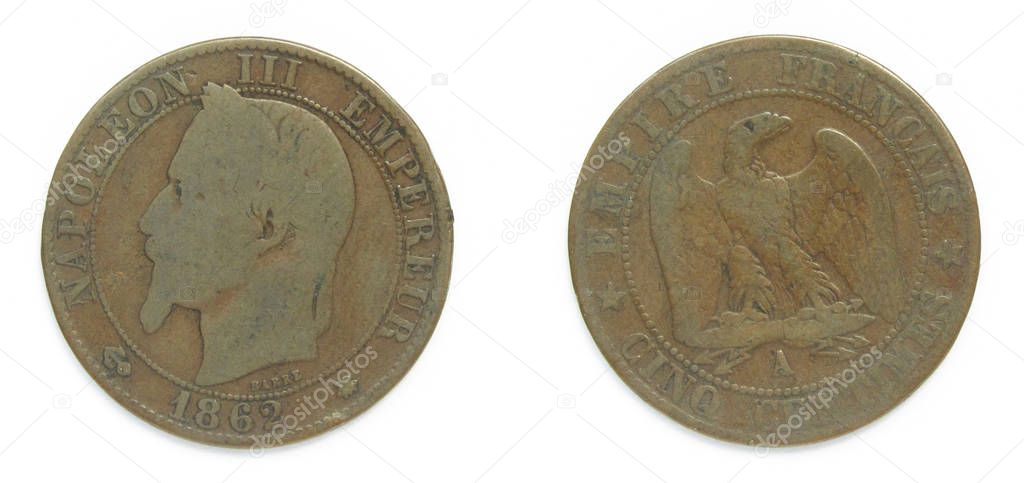 French republic 5 Centimes bronze coin 1862 A year. The coin features a portrait of emperor Charles-Louis Napoleon Bonaparte also known as Napoleon III, first elected president of France 1848-1852.
