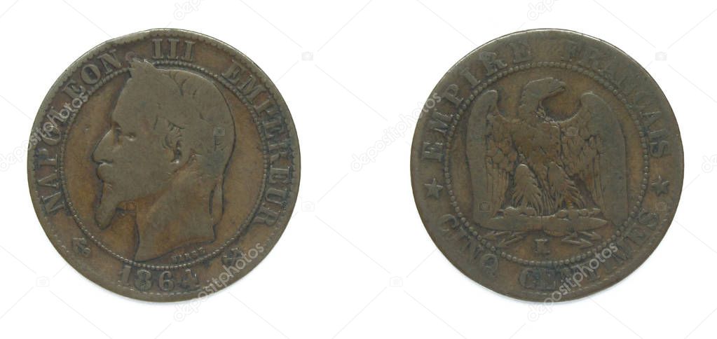 French republic 5 Centimes bronze coin 1864 K year. The coin features a portrait of emperor Charles-Louis Napoleon Bonaparte also known as Napoleon III, first elected president of France 1848-1852.
