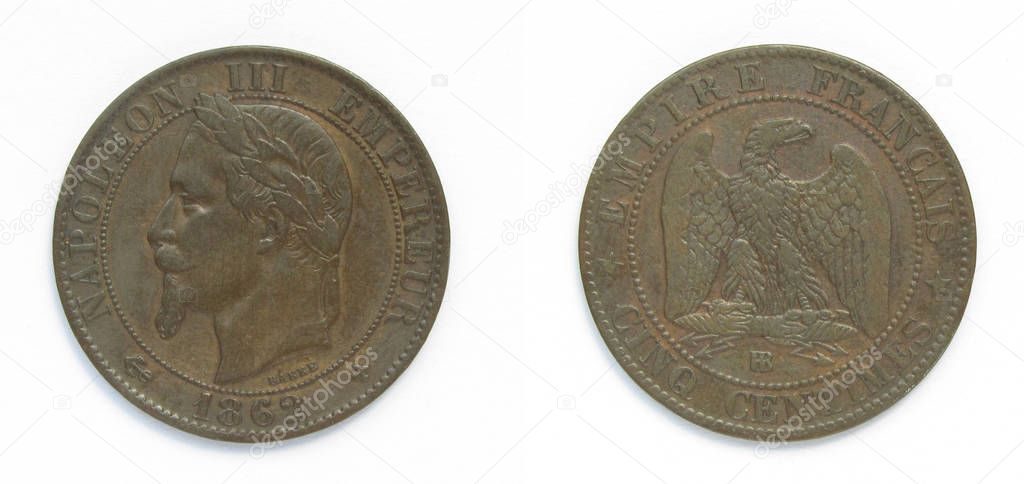 French republic 5 Centimes bronze coin 1862 BB year. The coin features a portrait of emperor Charles-Louis Napoleon Bonaparte also known as Napoleon III, first elected president of France 1848-1852.