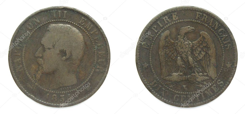 French republic 10 Centimes bronze coin 1854 K year. The coin features a portrait of emperor Charles-Louis Napoleon Bonaparte also known as Napoleon III, first elected president of France 1848-1852.