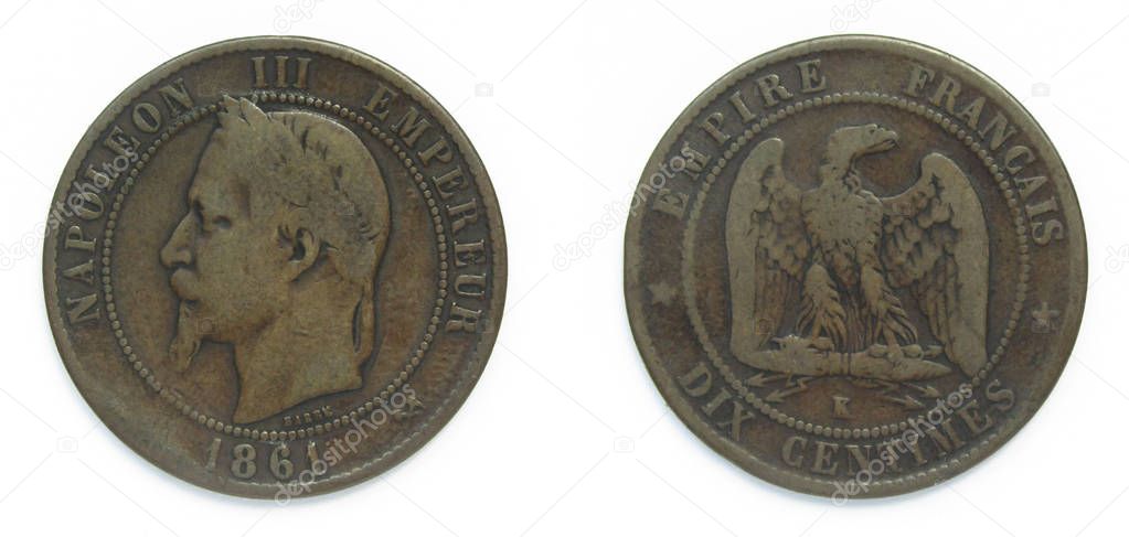 French republic 10 Centimes bronze coin 1861 K year. The coin features a portrait of emperor Charles-Louis Napoleon Bonaparte also known as Napoleon III, first elected president of France 1848-1852.