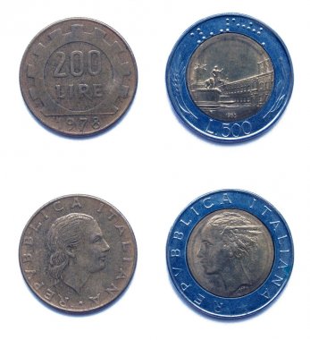 2 (iki) farklı yıl seti Italyan 200 lira 1978 ve 500 lira 1985 yıl sikke lot, Italya.