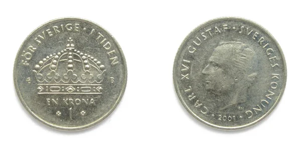 Swedish 1 Crowns (Krona, kronor) 2001 year coin. Moneda muestra un retrato del rey sueco Carlos XVI Gustavo de Suecia y Escudo de armas de Suecia en el anverso . — Foto de Stock