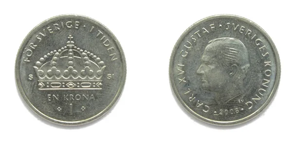 Swedish 1 Crowns (Krona, kronor) 2008 year coin. Moneda muestra un retrato del rey sueco Carlos XVI Gustavo de Suecia y Escudo de armas de Suecia en el anverso . — Foto de Stock