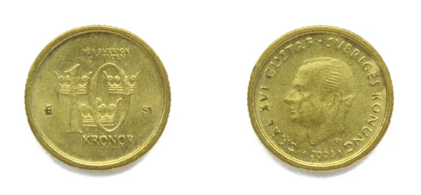 Szwedzki 10 korony (Korona, korony) 2006 rok monety. Moneta przedstawia portret szwedzkiego króla Szwecji Carla XVI Gustafa. — Zdjęcie stockowe