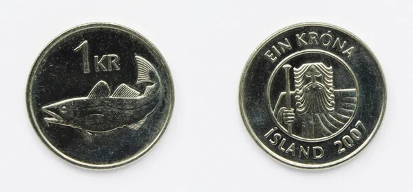 Ісландська 1 крона 2007 рік монета, Ісландія. Монета показує комерційний риба тріска. — стокове фото