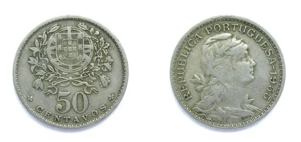 Portuguese 50 Centavos copper-nickel coin 1955 year. The coin shows a Coat of Arms of Portugal and woman's head with her hair down in phrygian cap, crowned with laurel, personifying a Republic. — Stock Photo, Image