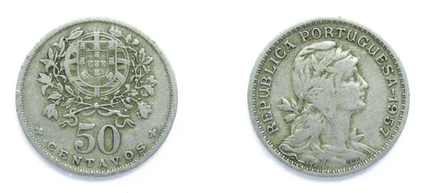 Portugál 50 centavos réz-nikkel érme 1957 év. Az érme a portugál címer és a női fej a haja le a fríg Cap koronázták babér, personifying a Köztársaság. — Stock Fotó