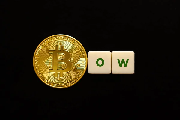 Word Bow made up of cubes. The first letter of the word is symbolized by a bitcoin coin. Concept of strong BTC, bitcoin growth rate, price increase, blockchain confidence, positive price outlook. — 스톡 사진