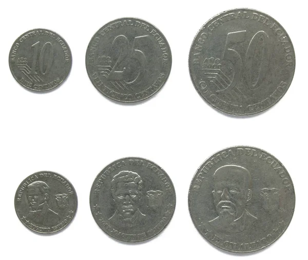 에콰도르 10, 25, 50 센타보스 스테인레스 스틸 동전 로트 2000 년, 에콰도르 3 개 세트. 동전은 유명한 에콰도르의 초상화를 갖추고 있습니다: 에우제니오 에스페호, 호세 호아킨 드 올메도, 엘리 알파로. — 스톡 사진
