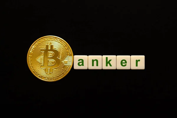 Word Banker alkotják kockák. Az első betű a szó szimbolizál egy Bitcoin érme. Fogalma erős BTC, Bitcoin növekedési ráta, áremelkedés, blockchain bizalom, pozitív ár kilátások. — Stock Fotó