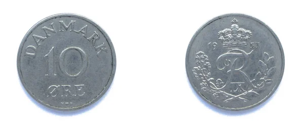 丹麦10矿石1953年铜镍币，丹麦。硬币显示丹麦国王弗雷德里克九世的一字. — 图库照片
