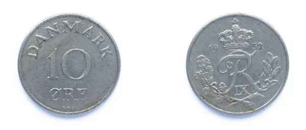 Данська 10 Ore 1952 рік мідно-нікелеві монети, Данія. Монета показує монограма датського короля Фрідріха IX Данії. — стокове фото