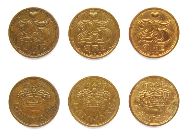 Satz von 3 (drei) verschiedenen Jahren dänisch 25 Erz 1994, 1995, 1996 Jahre Bronzemünzen Los, Dänemark. — Stockfoto