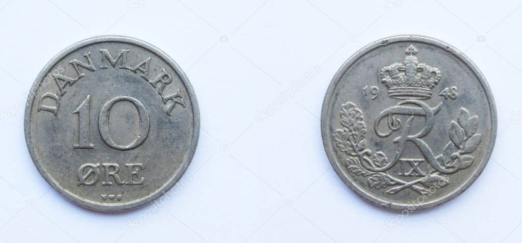 Danish 10 Ore 1948 year copper-nickel coin, Denmark. Coin shows a monogram of Danish King Frederick IX of Denmark.