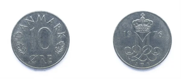 Duński 10 ore 1976 rok miedź-nikiel moneta, Dania. Moneta przedstawia Monogram duńskiej królowej Margrethe II Danii. — Zdjęcie stockowe