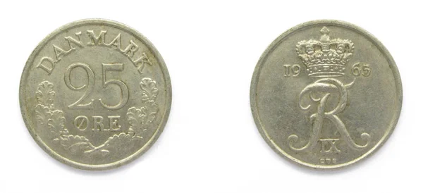 Dánština 25 ORE 1965 rok měděná mince, Dánsko. Peníz ukazuje monogram dánského krále Fridricha IX.. — Stock fotografie