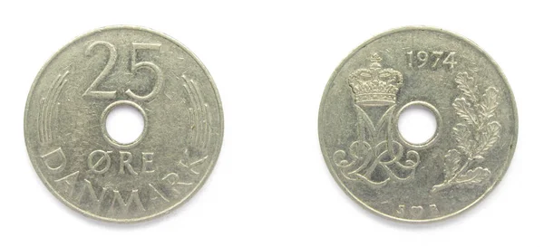 丹麦 25 矿石 1974 年铜镍币, 丹麦.硬币显示丹麦女王玛格丽特二世的一字. — 图库照片