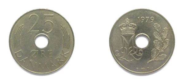 Danemark 25 Ore 1979 year copper-nickel coin, Danemark. Pièce montre un monogramme de la reine danoise Margrethe II du Danemark . — Photo