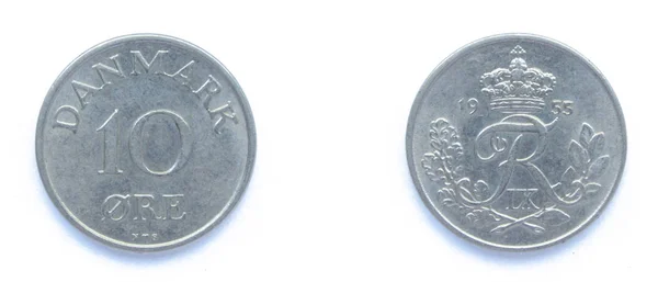 丹麦10矿石1955年铜镍币,丹麦。硬币显示丹麦国王弗雷德里克九世的一字. — 图库照片
