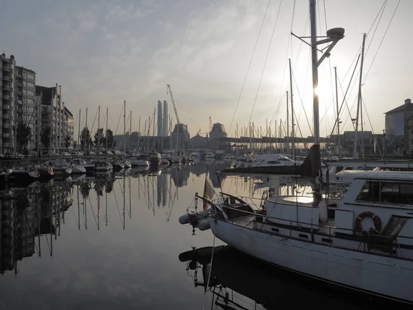 Image of the marina "Mercator" in Ostend with the railway stati — Stock Photo, Image