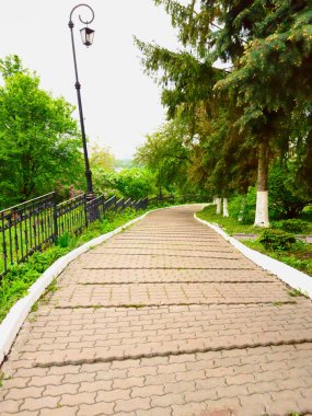 Kiev-Pechersk Lavra şehir parkında dolambaçlı yollar. Yeşil ladin, çiçek yataklarında orijinal ışıklar ve yeşil çalılar.