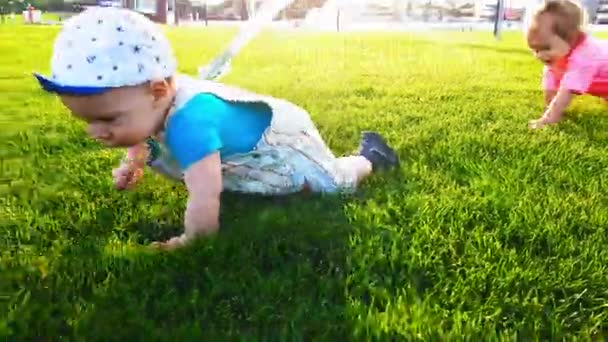 Két baba mászik a fényes zöld fű egy meleg nyári napon — Stock videók
