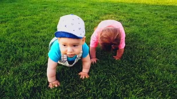 Zwei Babys krabbeln an einem warmen Sommertag auf dem hellgrünen Gras — Stockvideo