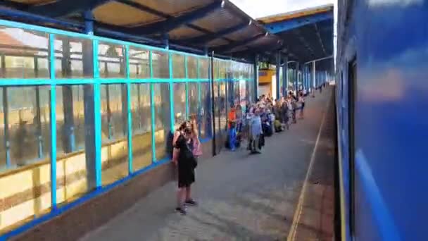 Tren de pasajeros de color azul llama en la estación de tren — Vídeos de Stock