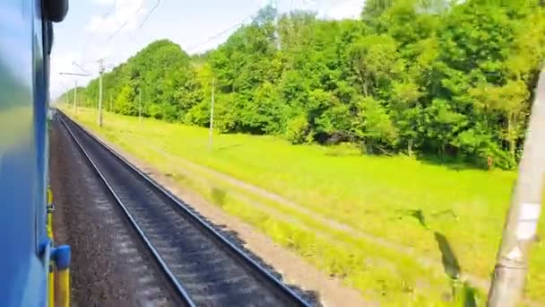 Utsikten från höghastighetståget på den vackra naturen med kullar och skog. Utsikten från fönstret på bilen, buss, tåg. Resa från tåget på en solig dag — Stockvideo