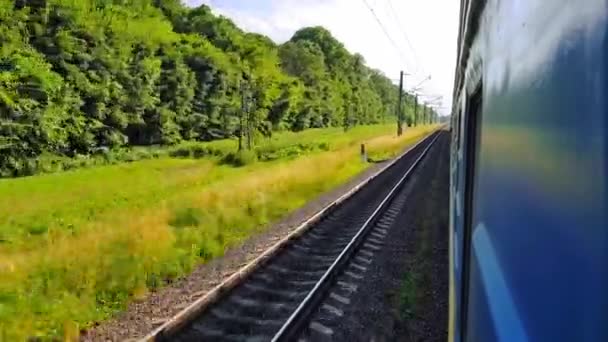 Tepeler ve ormanile güzel bir manzara üzerinde yüksek hızlı tren manzarası. Arabanın penceresinden manzara, otobüs, tren. Güneşli bir günde trenden yolculuk — Stok video