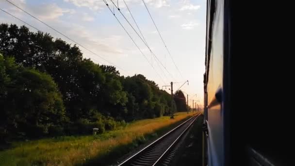 Вид з високошвидкісного поїзда на прекрасні пейзажі з пагорбами та лісами перед заходом сонця. Вид з вікна на машину, автобус, поїзд. Подорож з поїзда в сонячний день — стокове відео