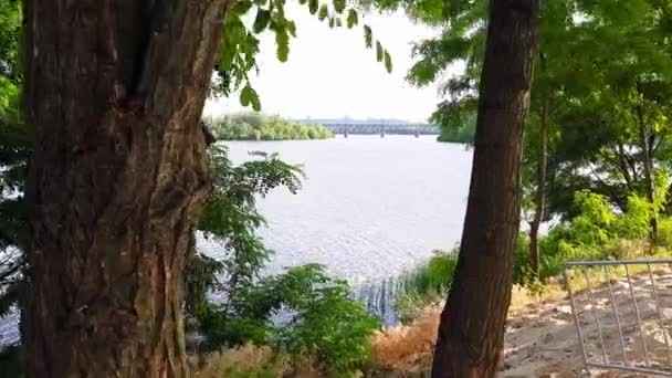 Uitzicht op de rivier de Dnjepr vanaf de hoge bank, tracking schot voorbij de boom. — Stockvideo
