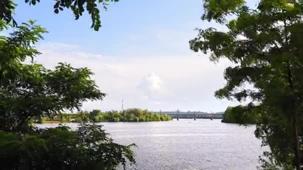 Uitzicht op de rivier de Dnjepr vanaf de hoge bank, tracking schot voorbij de boom. — Stockvideo