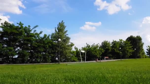 阳光明媚的一天，4k 草坪洒水器 — 图库视频影像