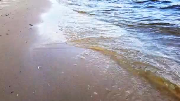 Små vågor som tvättar upp en flodstrand med ljusbrun sand på en solig dag. — Stockvideo