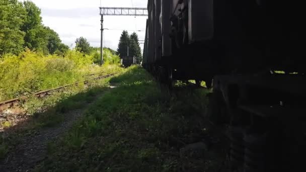 4K caminando a lo largo de una rutina cubierta de hierba en la antigua estación de tren cerca del chasis del tren de mercancías — Vídeo de stock